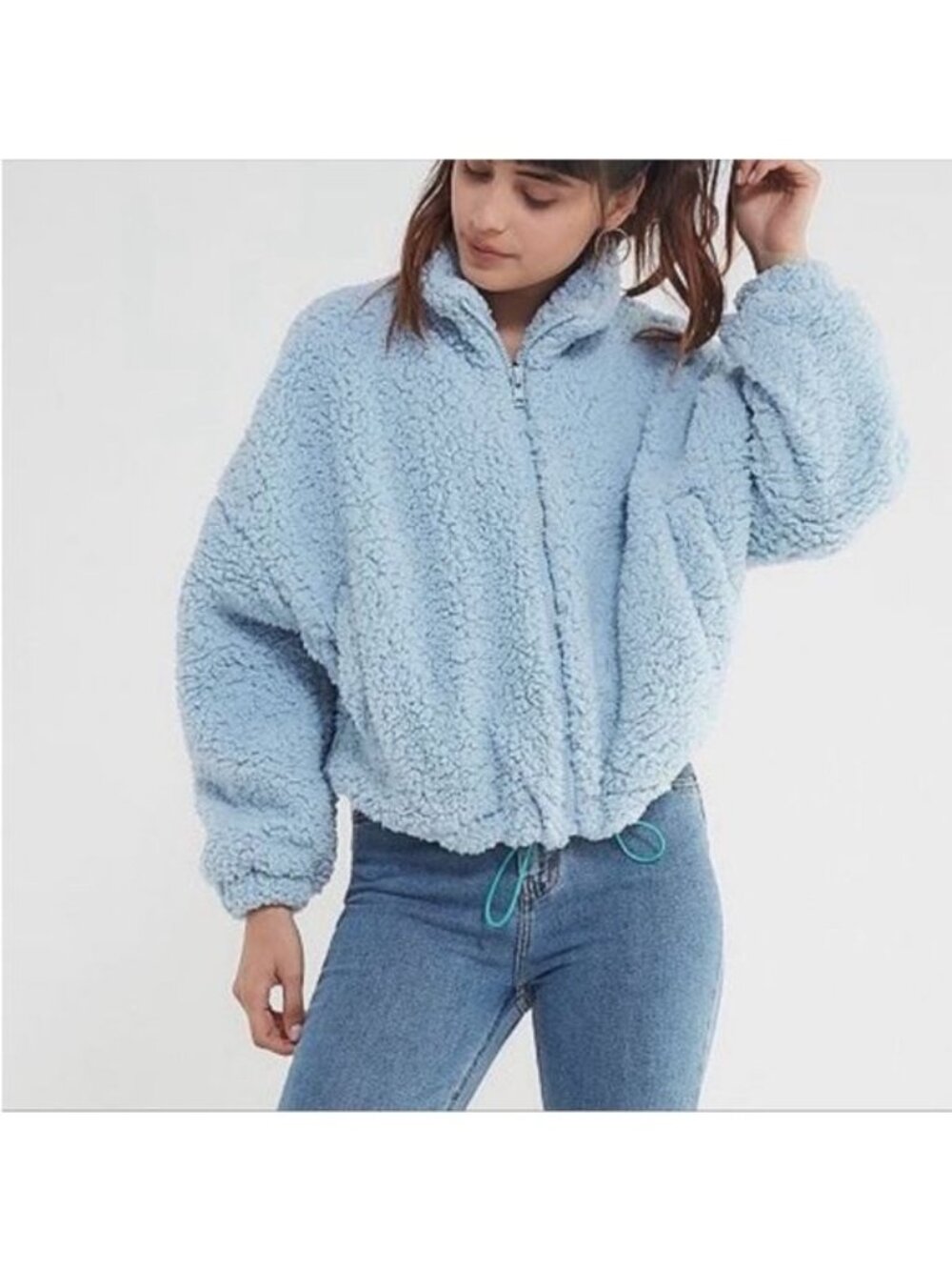 Urban Outfitters Willow Fuzzy Drawstring blue Oversized Teddy Jacket Small